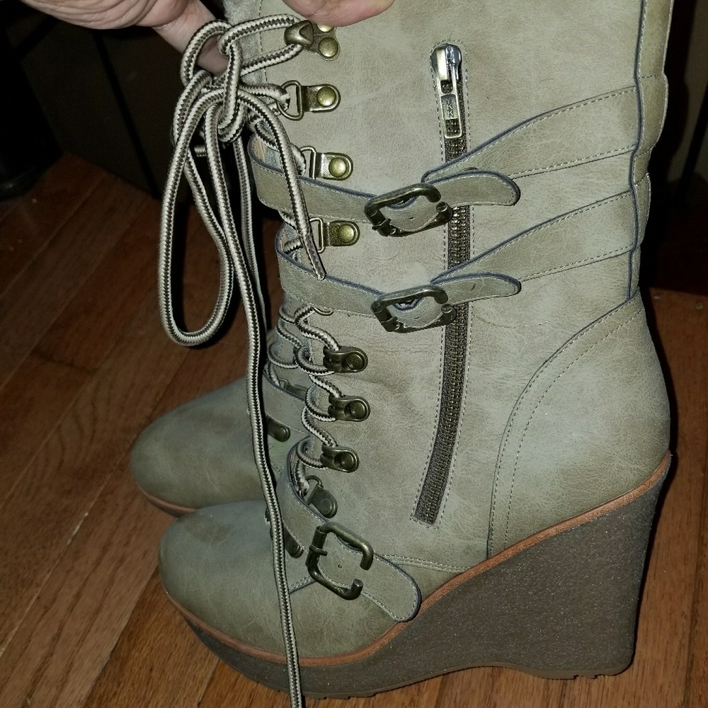 Taupe-colored, ankle lace-up wedge boots